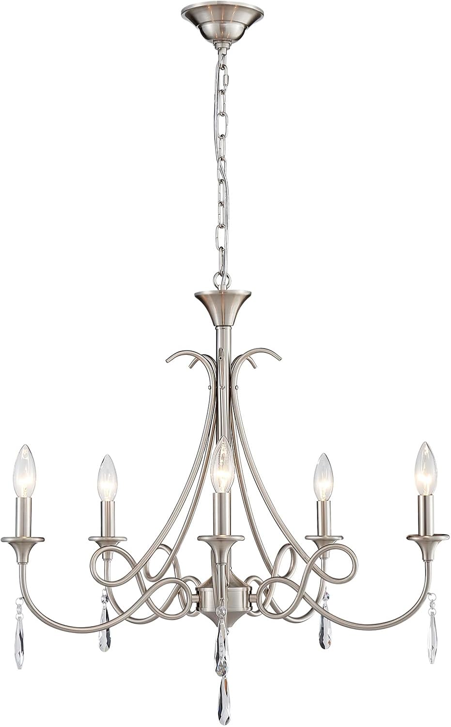 5-Light Farmhouse Chandeliers for Dining Room Lighting Fixtures Hanging, Rustic Candle Modern Chandelier Vintage Hanging Ceiling Lamp for Bedroom Kitchen Island Living Room Entryway Foyer, Nickel