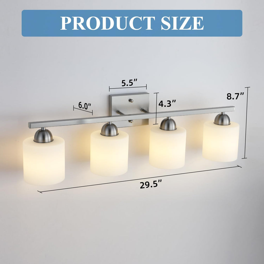 Mecgirn Stainless Steel Milk Glass Vanity Lights for Bathroom, 4 Light Brushed Nickel Bathroom Light Fixtures Over Mirror, Ceramic E26 Sockets Wall Mounted