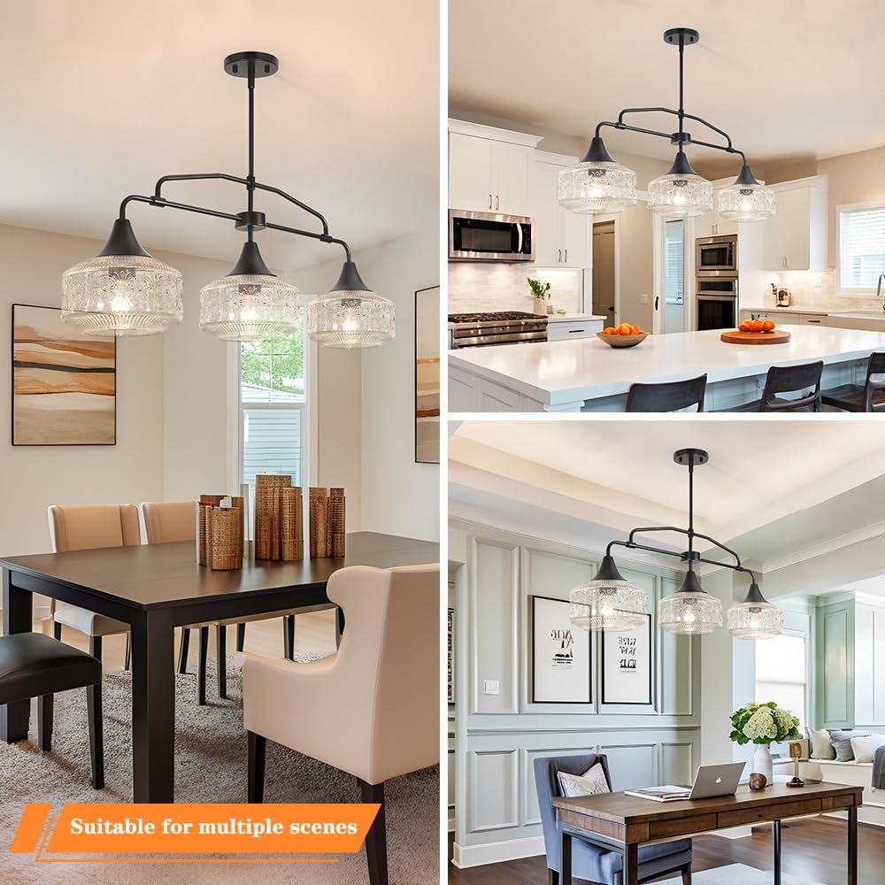 Farmhouse Kitchen Island Lighting, Black 3-Light Island Light for Kitchen, Adjustable Dining Room Light Fixture Over Table, Linear Chandelier Pendant Lighting with Clear Glass for Living Room Sink