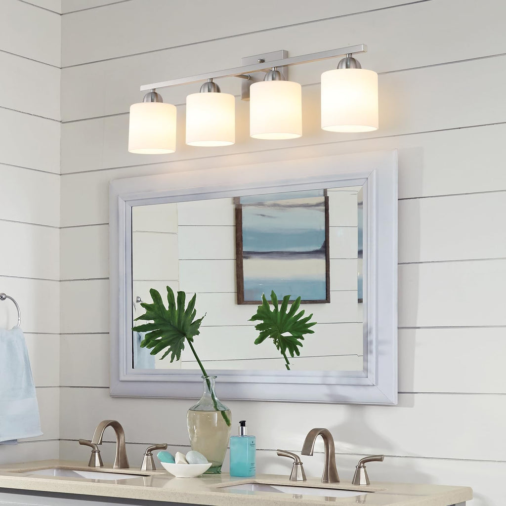 Mecgirn Stainless Steel Milk Glass Vanity Lights for Bathroom, 4 Light Brushed Nickel Bathroom Light Fixtures Over Mirror, Ceramic E26 Sockets Wall Mounted