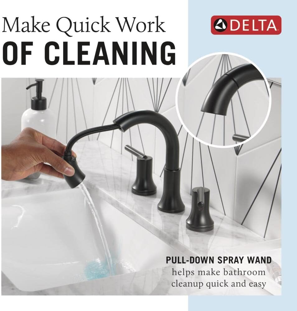 Delta Faucet Trinsic Pull Down Bathroom Faucet, Bathroom Pull Out Faucet, Black Widespread Bathroom Faucet 3 Hole Pull Down Sprayer, Bathroom Sink Faucet Magnetic Docking, Matte Black 3559-BLPD-DST