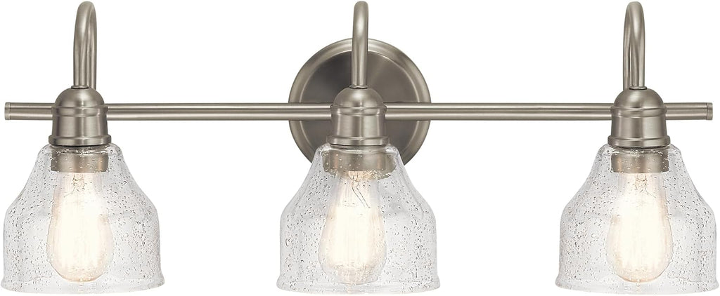 Kichler Avery 24' 3 Light Bathroom Vanity Light in Brushed Nickel, Vintage Bathroom Wall Mount Fixture with Clear Seeded Glass, (24' W x 9.25' H), 45973NI