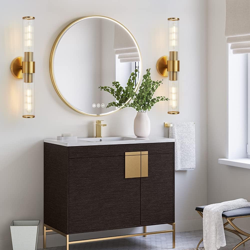 Gold Bathroom Light Fixtures 2 Pack, Hardwired Vanity Lights for Mirror with Threaded Glass Shade, 20 Inch Up and Down Wall Sconces for Bathroom Bedroom Living Room, Bulb Not Included