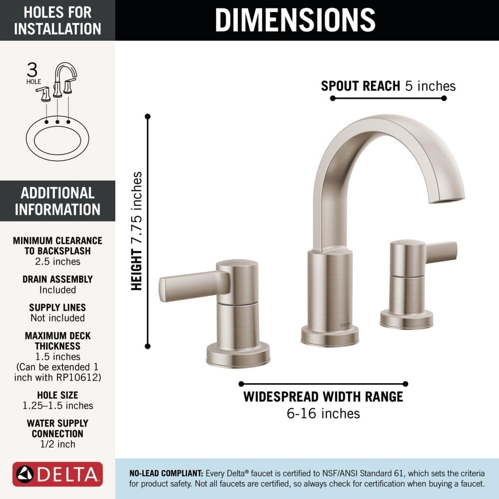 Delta Albion Brushed Nickel Bathroom Faucet 3 Hole, 8 Inch Widespread Bathroom Sink Faucet for Vanity, Metal Push-Pop Drain Assembly, SpotShield Brushed Nickel 35855LF-SP