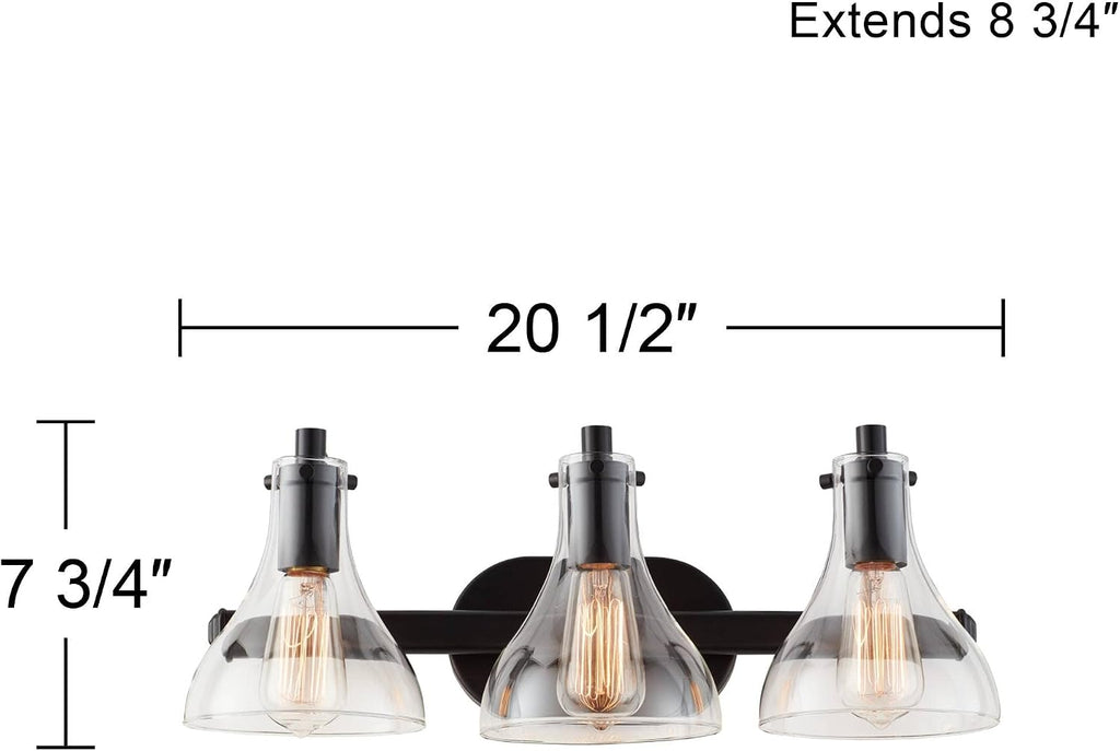 Possini Euro Design Sorren Industrial Modern Wall Light Black Metal Hardwired 20 1/2' 3-Light Fixture Curving Clear Glass Shade for Bedroom Bedside Bathroom Vanity Living Room Hallway Dining House