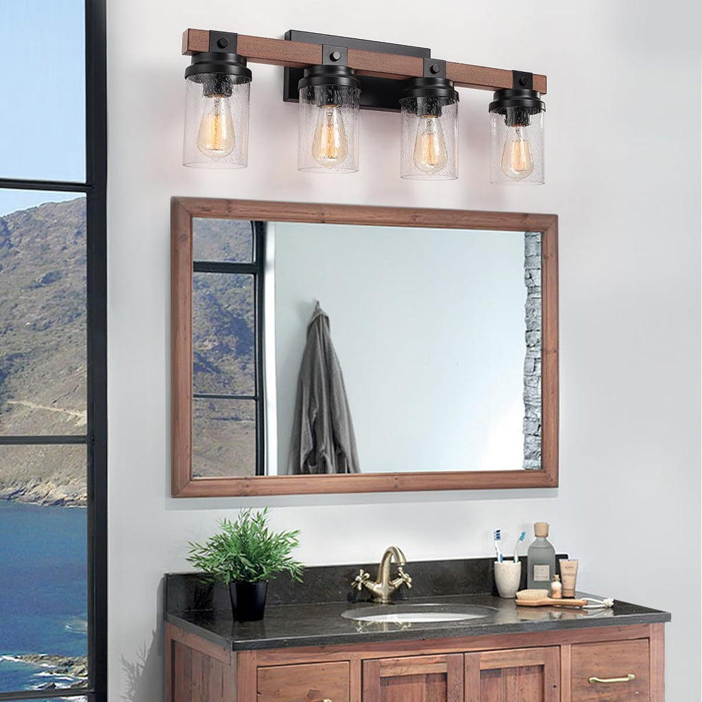 4-Lights Farmhouse Bathroom Vanity Light, Rustic Wood Bathroom Light Fixtures Over Mirror Antique Black Vanity Light with Clear Glass Shade, Farmhouse Wall Sconces Lighting