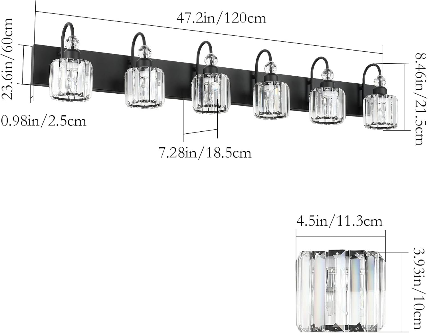 Ralbay Modern 6-Light Black Crystal Vanity Lights for Bathroom - Matte Black Crystal Wall Light Fixtures