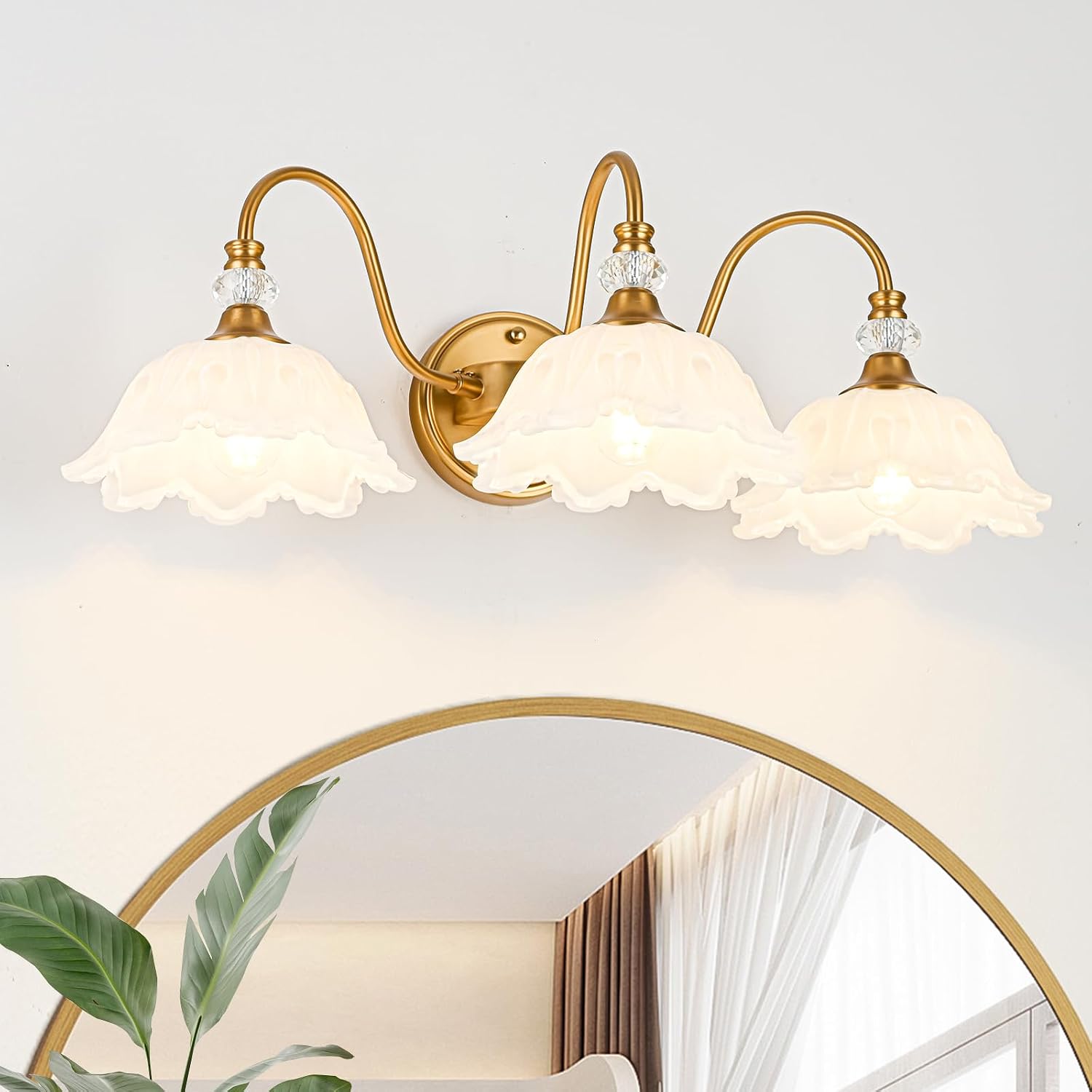 Vintage Bathroom Vanity Light, 3-Light Matte Brass Finish Vanity Light with Floral White Glass Shades, Retro Wall Sconce for Bathroom, Dressing Table