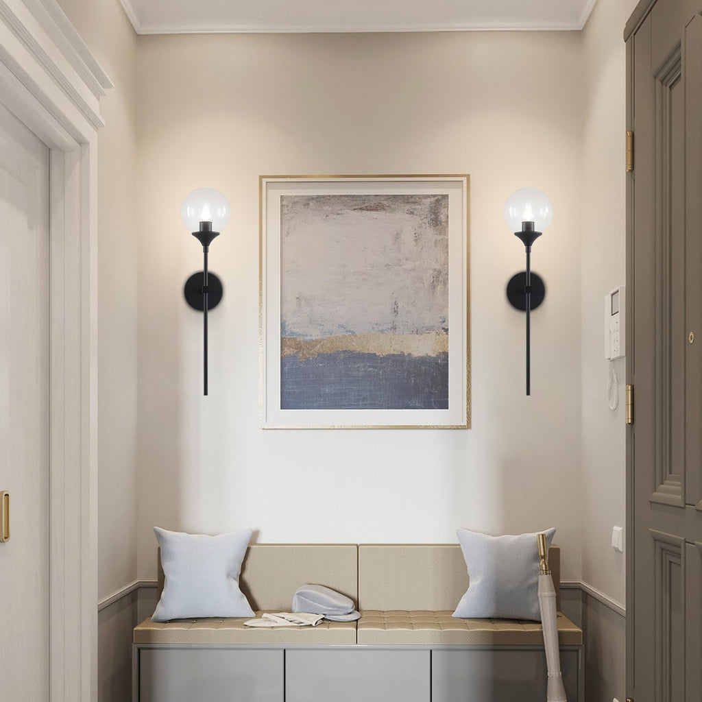 KCO Lighting Matte Black Industrial Wall Sconces Set of Two 1-Light Mid Century Bathroom Wall Mounted Light Sconce Modern Clear Bubble Glass Globe Wall Sconce Lamp Set of 2