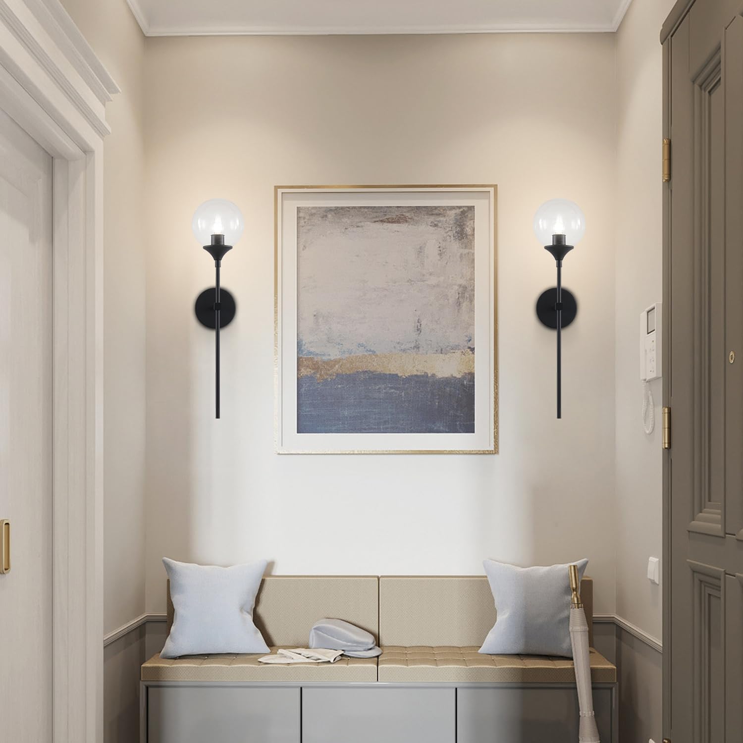 KCO Lighting Matte Black Industrial Wall Sconces Set of Two 1-Light Mid Century Bathroom Wall Mounted Light Sconce Modern Clear Bubble Glass Globe Wall Sconce Lamp Set of 2