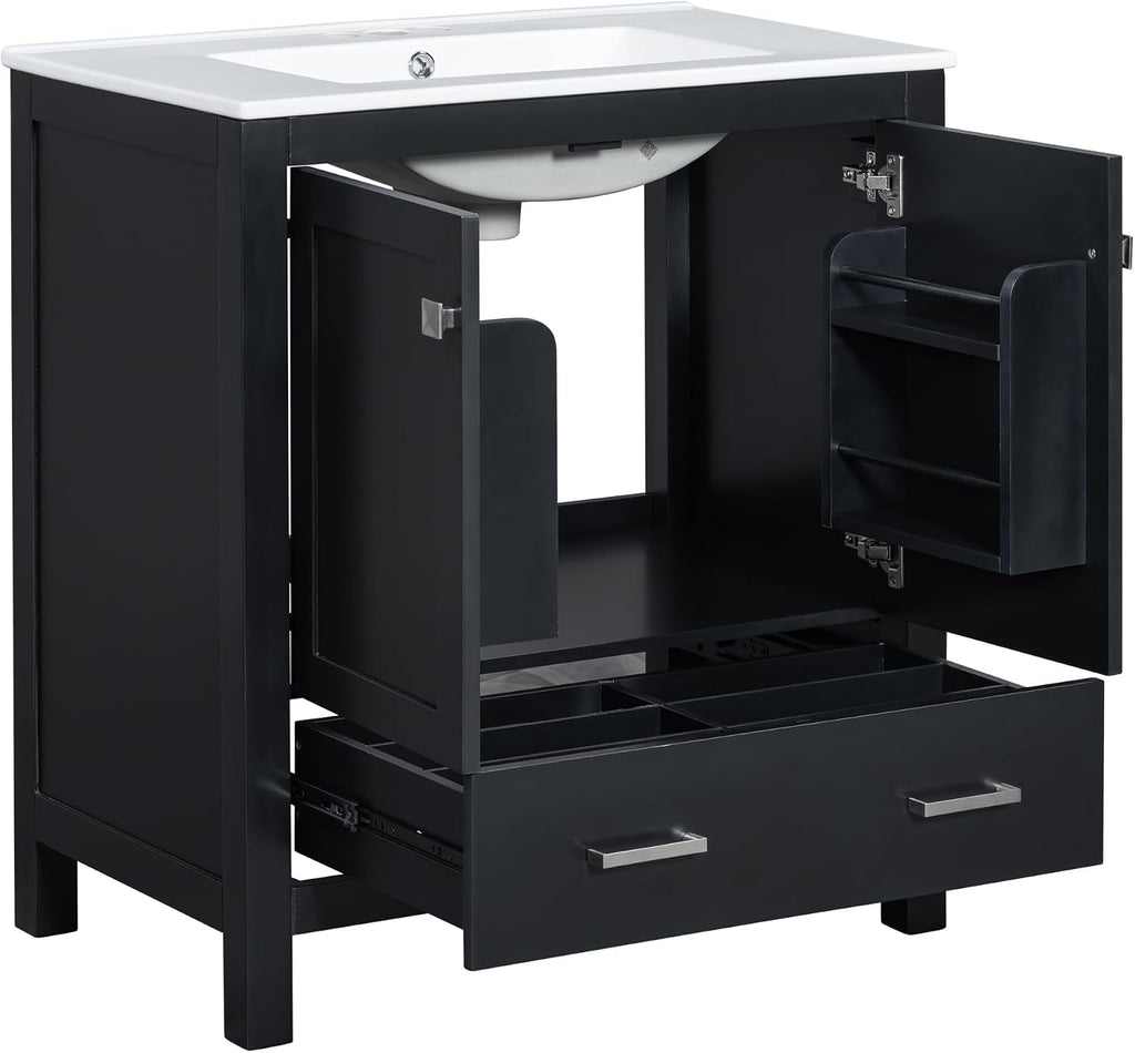 Bellemave 30' Bathroom Vanity with Sink Combo Set, Solid Wood Frame Bathroom Storage Cabinet with a Drawer, 2 Soft Closing Cabinet Doors with Organizer, Black