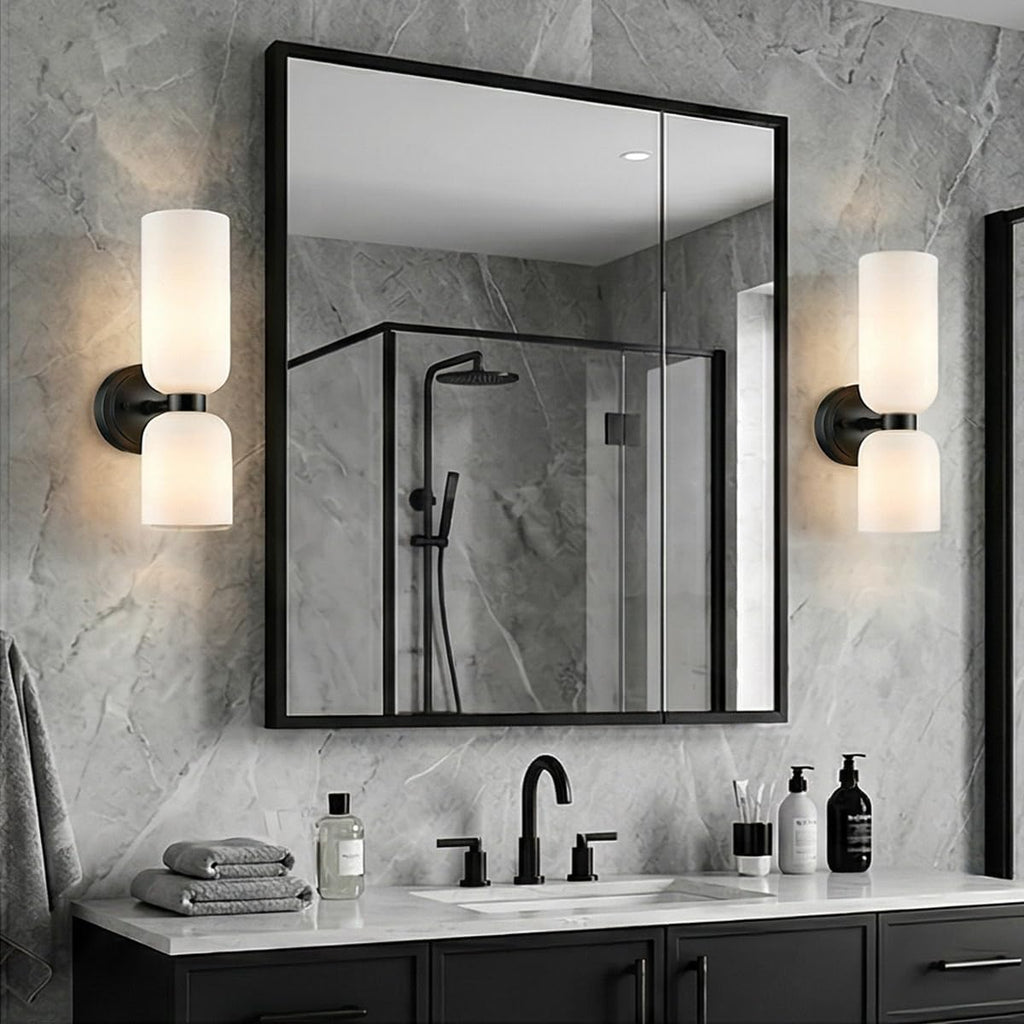 DEYNITE Black Wall Sconces Set of 2 Modern Farmhouse 2-Light Wall Light Bathroom Vanity Light,Milky White Glass Light for Bedroom, Living Room, Kitchen