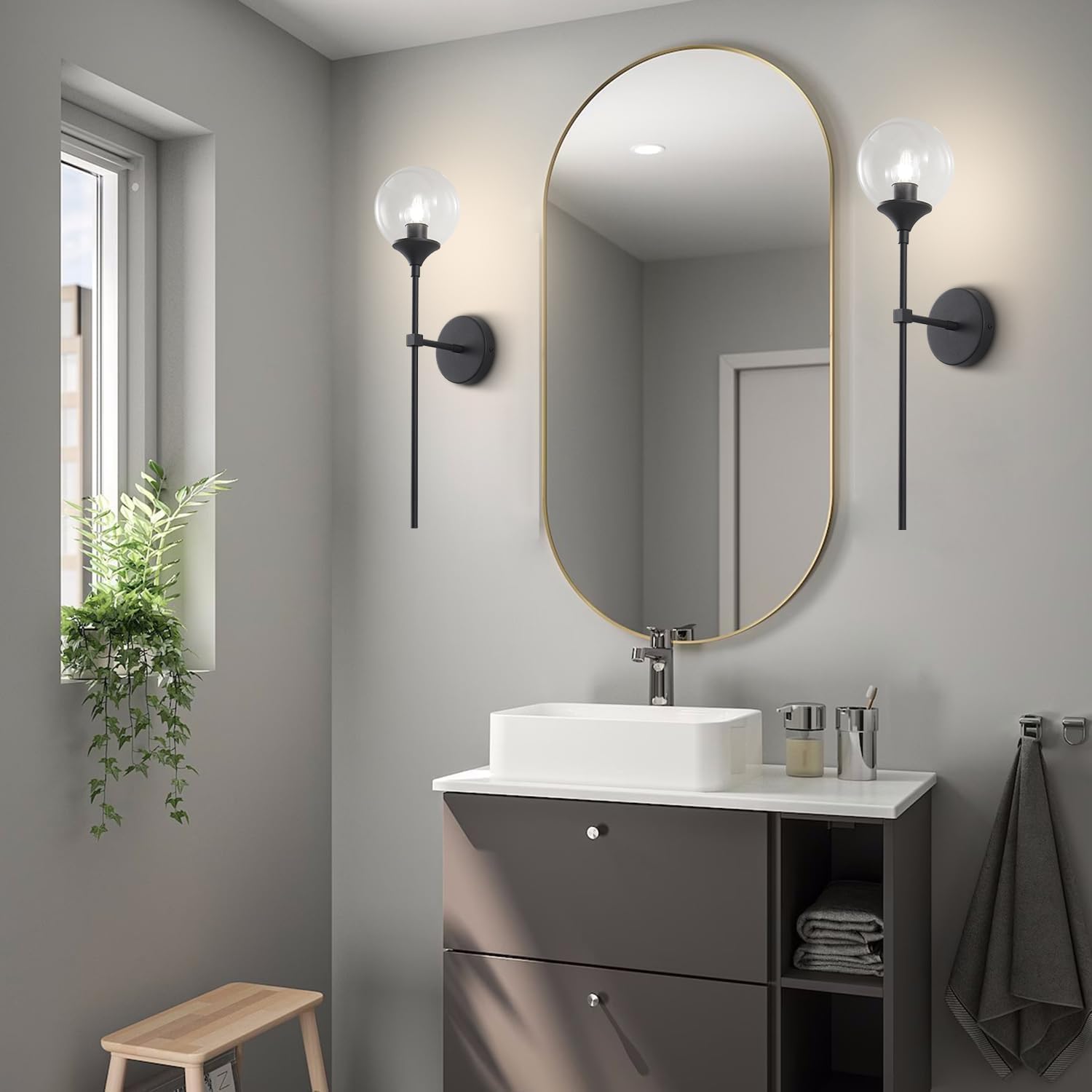 KCO Lighting Matte Black Industrial Wall Sconces Set of Two 1-Light Mid Century Bathroom Wall Mounted Light Sconce Modern Clear Bubble Glass Globe Wall Sconce Lamp Set of 2