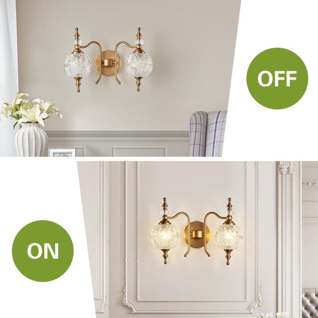 2-Light Vintage Crystal Bathroom Wall Sconces, Matte Brushed Antique Brass Finish Retro Wall Sconce Light with Crystal Glass Shade for Bathroom