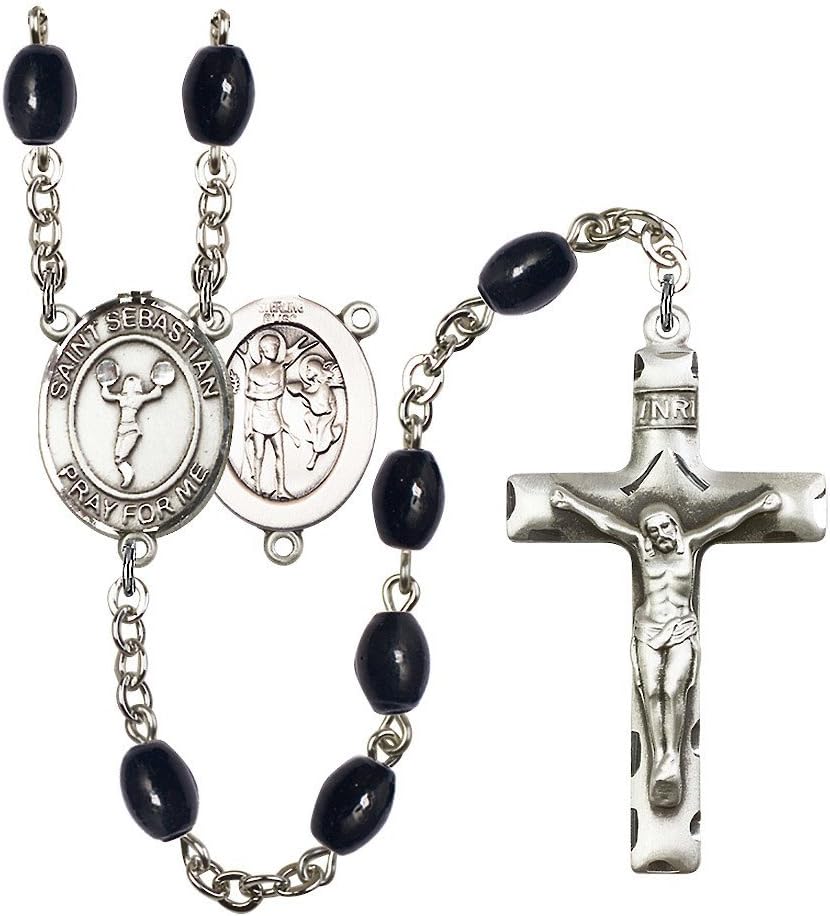 St. Sebastian/Cheerleading Silver-Plated Rosary 8x6mm Black Onyx Beads Crucifix Size 1 3/4 x 1 medal charm