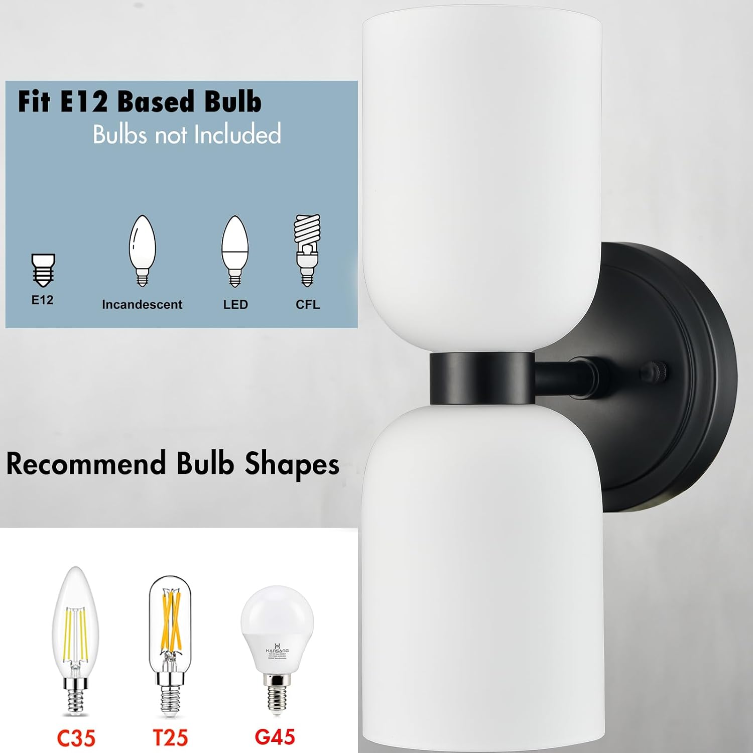 CLAXY Black Wall Sconces Set of 2 Glass Vine Shades | Milky White Glass Shade, Dual Shades Wall Lights for Bathroom Bedroom Hallway Kitchen Dimmable