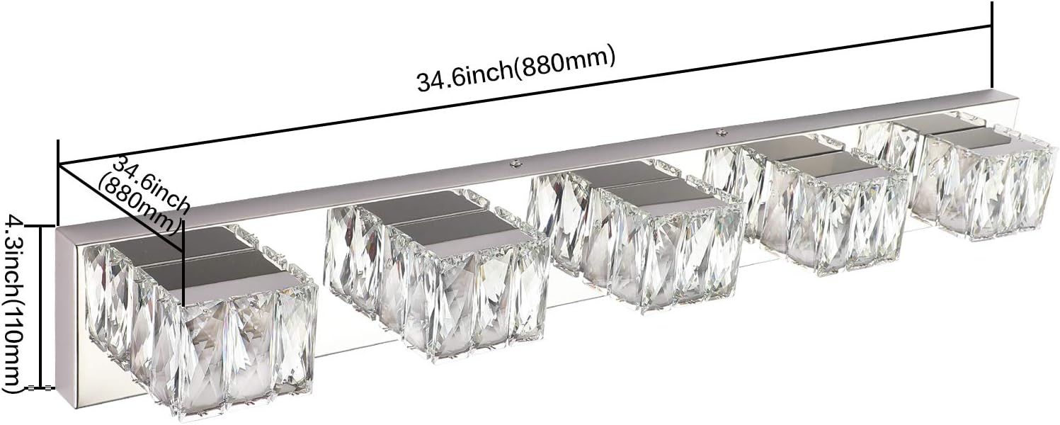 5 Lights Bathroom Vanity Light - Crystal Modern Bathroom Light Fixtures - 30W Dimmable Vanity LED Lights for Restroom - Chrome Bath Light bar Cool White Light