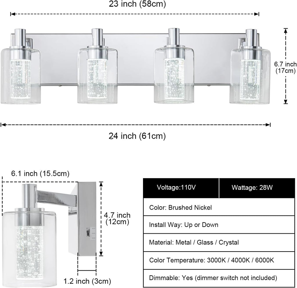 SineRise Vanity Light with 3 Color Modes (3000K/4000K/6000K), Eye Protection LED Bathroom Light Fixture, Dimmable Modern Wall Light Over Mirror with Clear Glass Shade (Chrome, 4-Light)