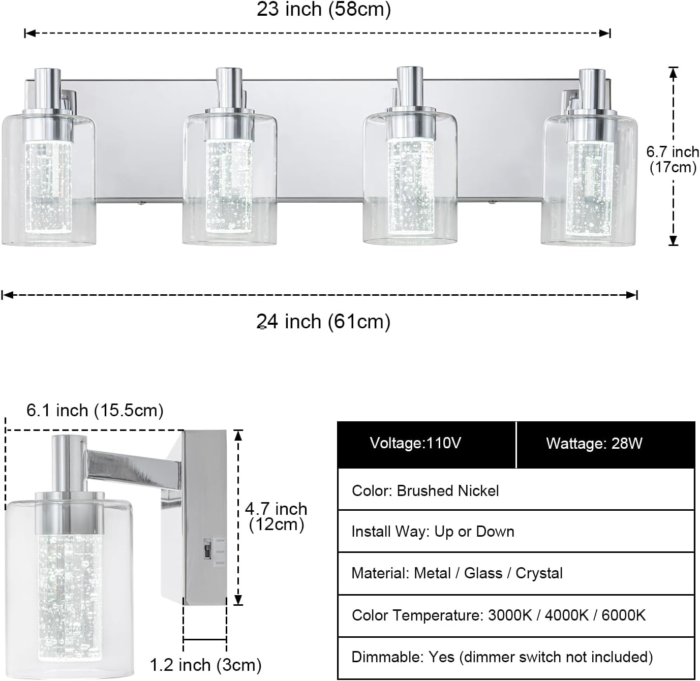 SineRise Vanity Light with 3 Color Modes (3000K/4000K/6000K), Eye Protection LED Bathroom Light Fixture, Dimmable Modern Wall Light Over Mirror with Clear Glass Shade (Chrome, 4-Light)