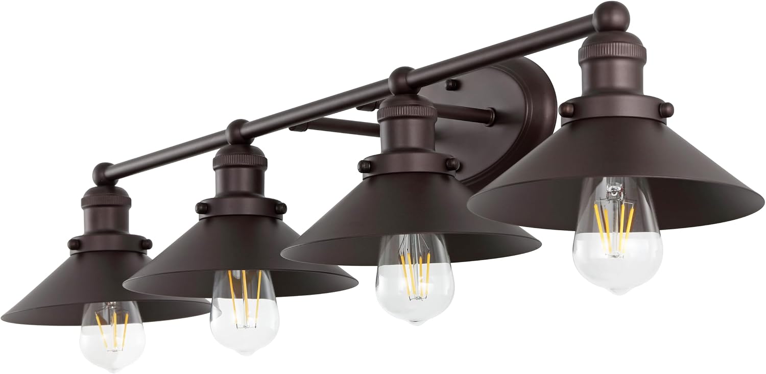 JONATHAN Y 36.25' Oil Rubbed Bronze 4-Light Industrial Farmhouse Metal Vanity Light Wall Sconce, Metal Shade for Bathroom Mirror, Kitchen, Entryway, LED Bulb Included (JYL7904A)