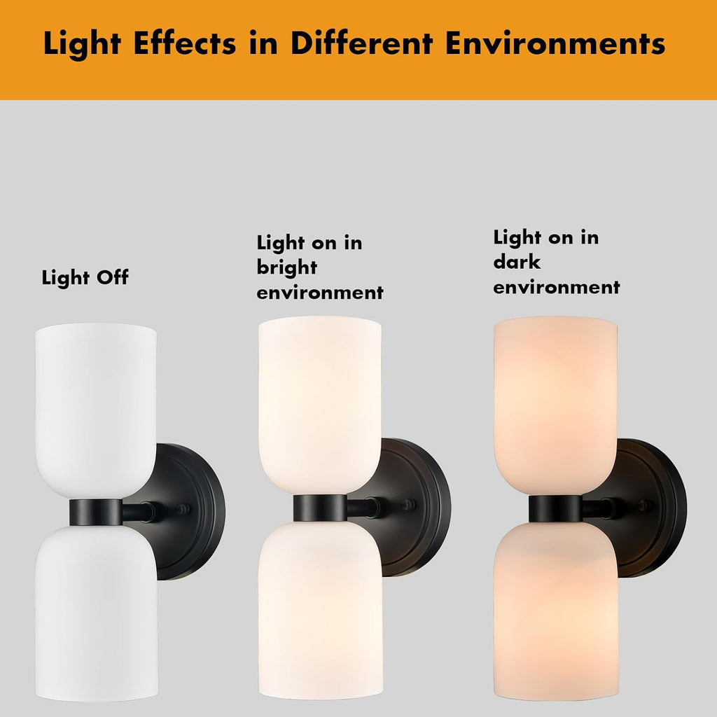 CLAXY Black Wall Sconces Set of 2 Glass Vine Shades | Milky White Glass Shade, Dual Shades Wall Lights for Bathroom Bedroom Hallway Kitchen Dimmable