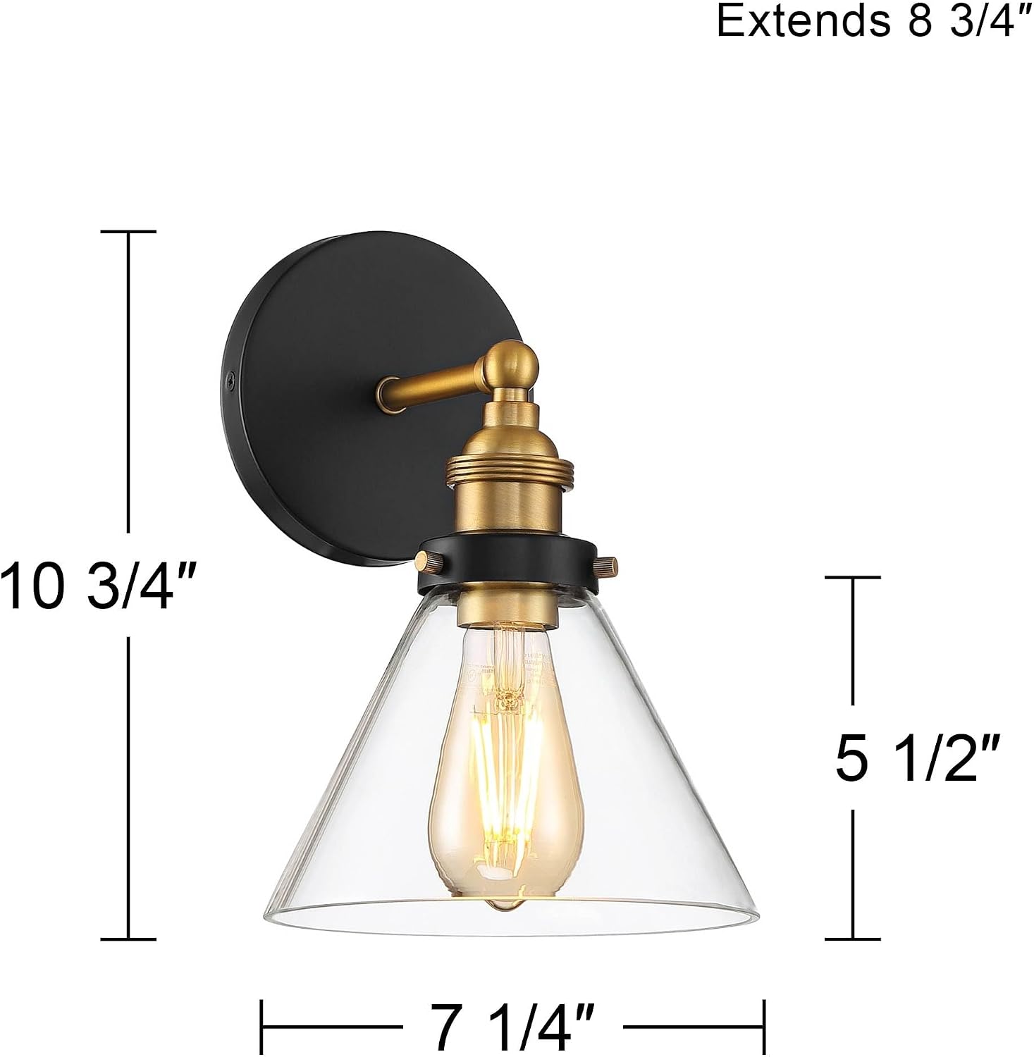 360 Lighting Burke Modern Industrial Wall Light Sconces Set of 2 Black and Brass Hardwire 7 1/4' Fixture Clear Glass Cone Shade for Bedroom Bathroom Bedside Vanity Living Room Home Hallway