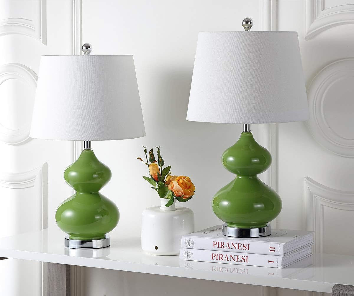SAFAVIEH Lighting Collection Eva Modern Contemporary Fern Green Double Gourd Glass 24-inch Bedroom Living Room Home Office Desk Nightstand Table Lamp Set of 2 (LED Bulbs Included)