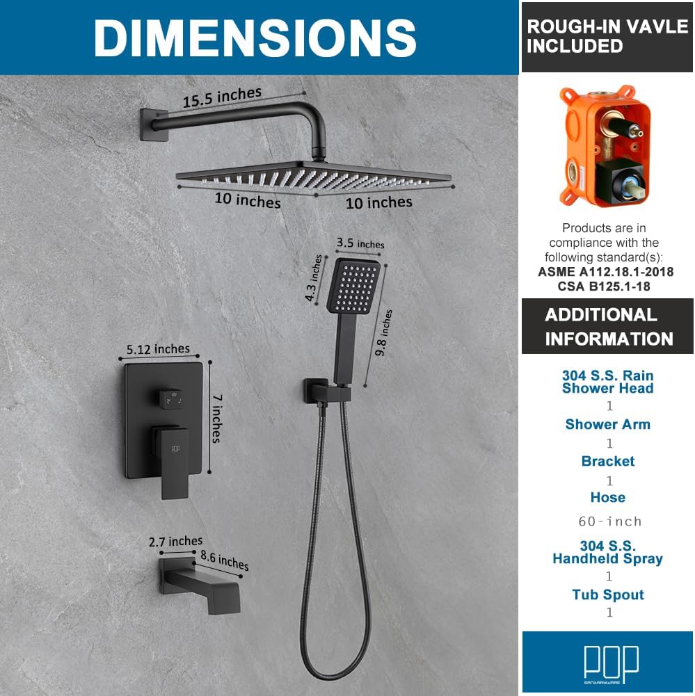 Matte Black Shower Tub Faucet Set Bathroom Rain Shower System with Tub Spout Wall Mounted Rainfall 10 Inch Shower Head and Handle Set Include Shower Valve and Trim Kit