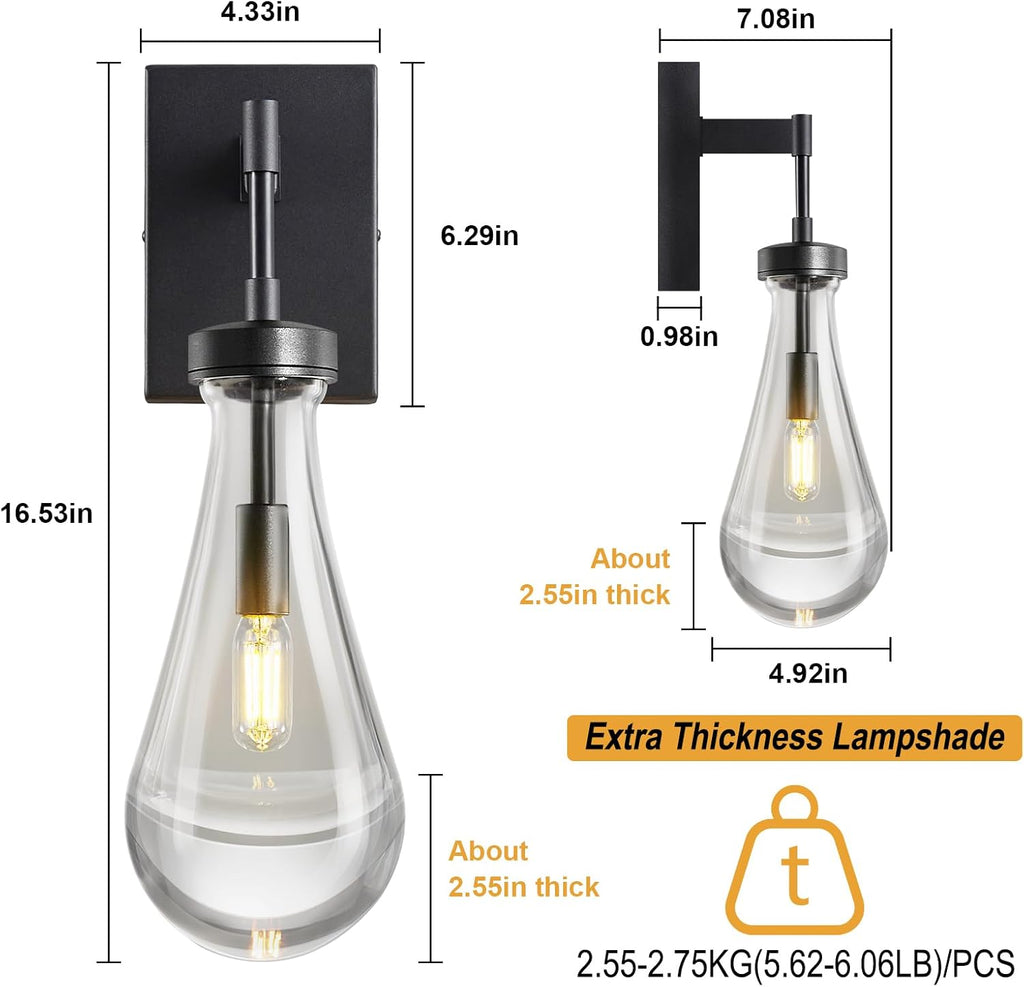 Raindrop Wall Sconces Set of Two Black Sconces Wall Decor Modern Wall Lighting Glass Bathroom Sconces Indoor Vanity Light Wall Lamp for Bedroom Living Room Stair