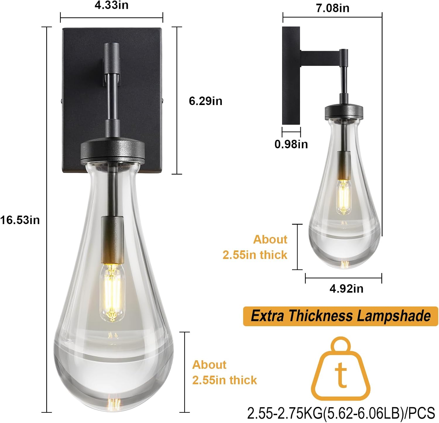 Raindrop Wall Sconces Set of Two Black Sconces Wall Decor Modern Wall Lighting Glass Bathroom Sconces Indoor Vanity Light Wall Lamp for Bedroom Living Room Stair