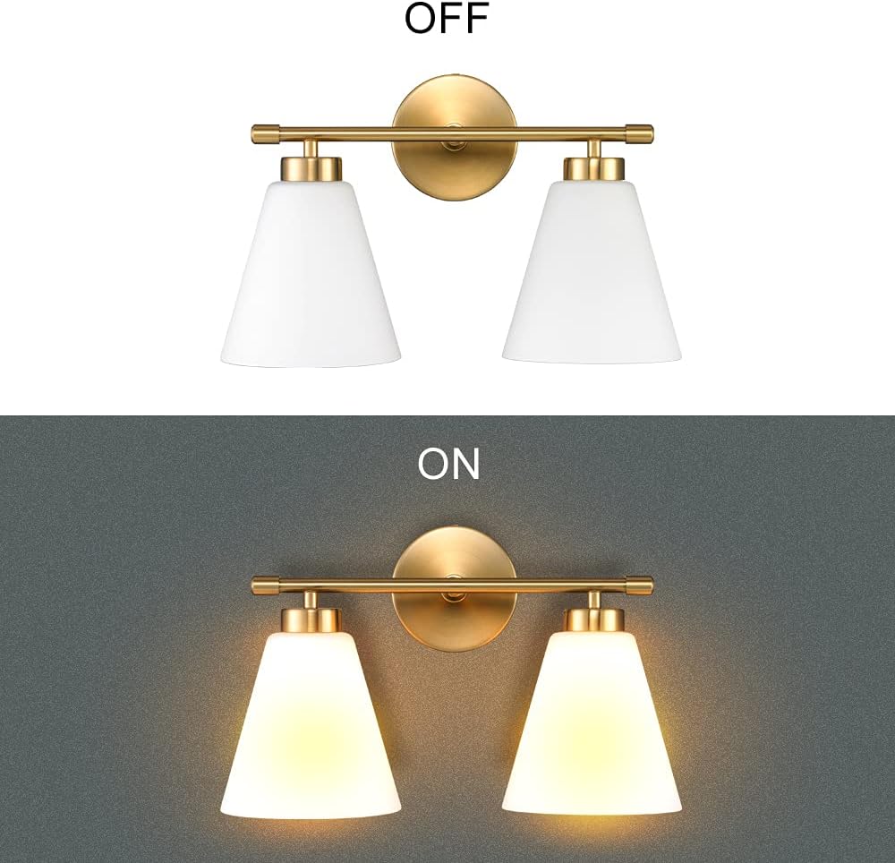 Hamilyeah Gold Bathroom Vanity Light Fixture with Frosted Glass Shade, 2 Light Vanity Lighting Fixture Over Mirror, 2 Bulb Wall Lamps for Bathroom, Restroom, Living Room