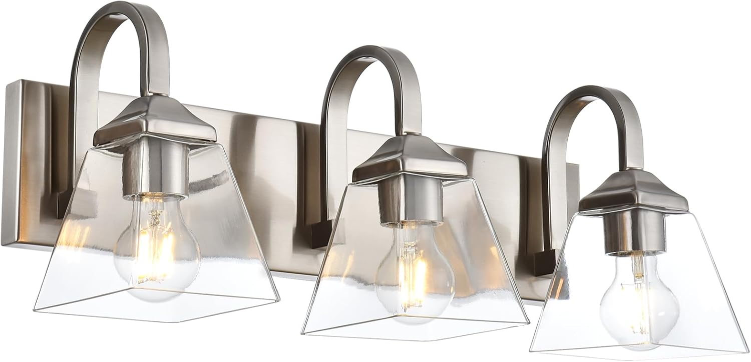 Bathroom Light Fixtures,3 Light Modern Brushed Nickel Vanity Lights Over Mirror Industrial Wall Sconce Lighting with Clear Glass Shades for Bathroom, Vanity Table, Living Room Hallway
