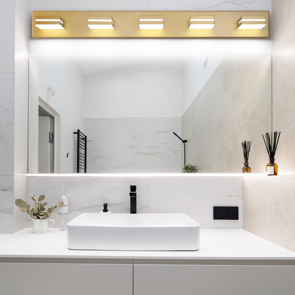 SineRise LED Modern Bathroom Vanity Light Fixtures (5-Light, 40-Inch, Dimmable), Matte Gold Modern Acrylic Bathroom Wall Lighting Fixtures Over Mirror (Cool White 6000K)