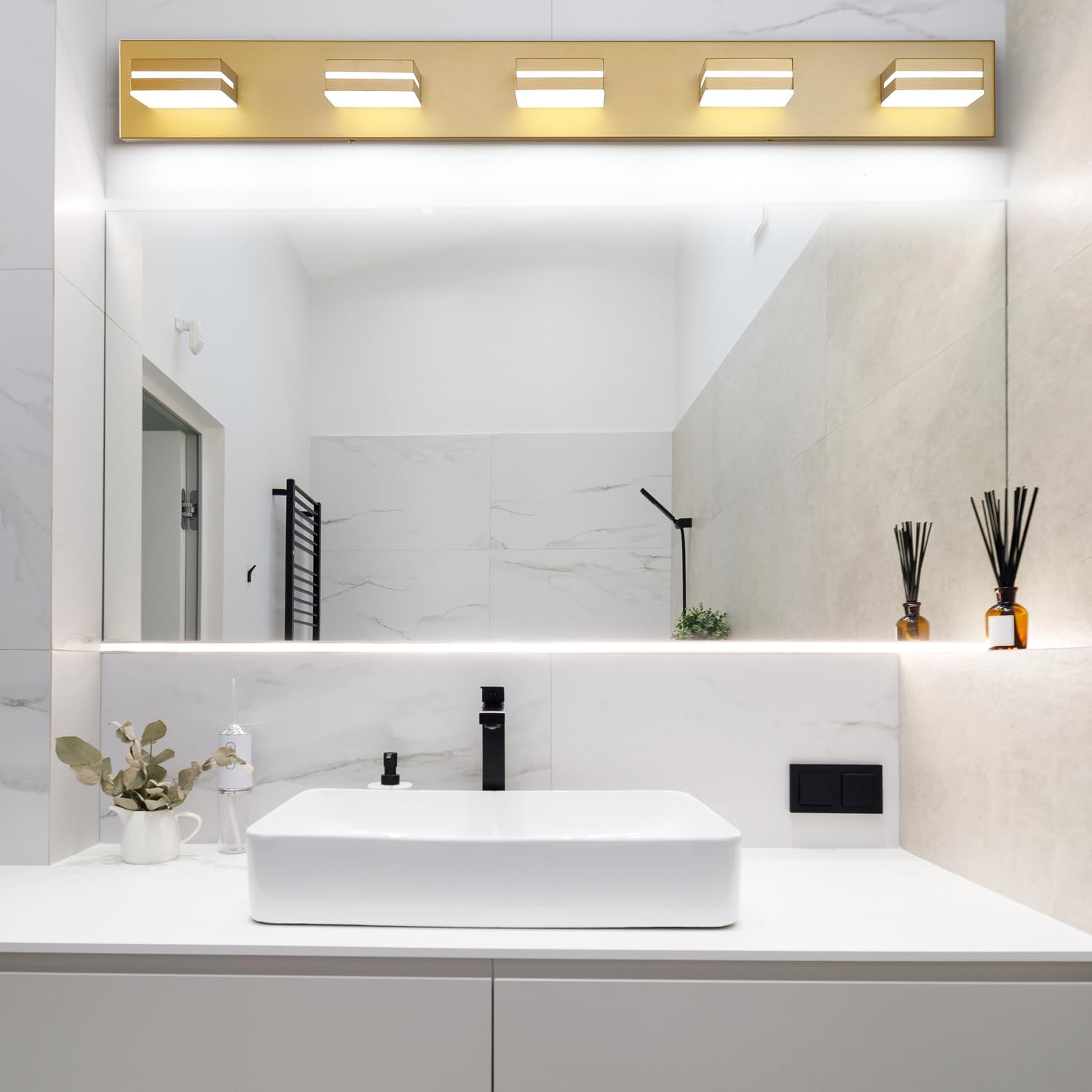 SineRise LED Modern Bathroom Vanity Light Fixtures (5-Light, 40-Inch, Dimmable), Matte Gold Modern Acrylic Bathroom Wall Lighting Fixtures Over Mirror (Cool White 6000K)