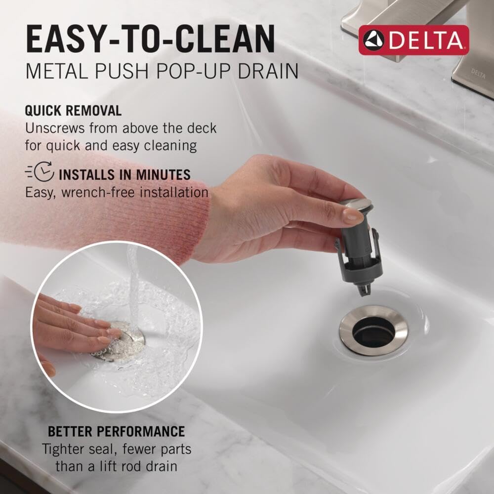 Delta Velum Brushed Nickel Bathroom Faucet 3 Hole, 8 Inch Widespread Bathroom Sink Faucet for Vanity, Metal Push-Pop Drain Assembly, Stainless 3539LF-SSMPU