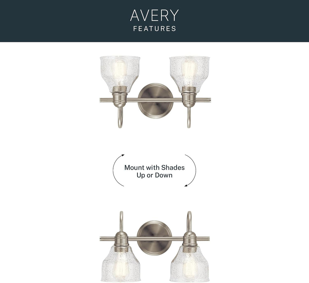 Kichler Avery 14.75' 2 Light Bathroom Vanity Light in Brushed Nickel, Vintage Bathroom Wall Mount Fixture with Clear Seeded Glass, (14.75' W x 9.25' H), 45972NI