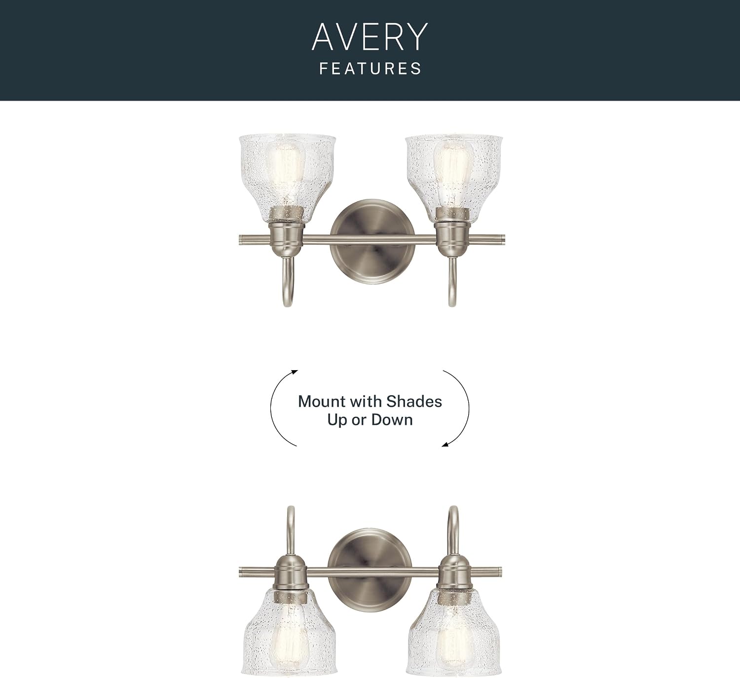 Kichler Avery 14.75' 2 Light Bathroom Vanity Light in Brushed Nickel, Vintage Bathroom Wall Mount Fixture with Clear Seeded Glass, (14.75' W x 9.25' H), 45972NI
