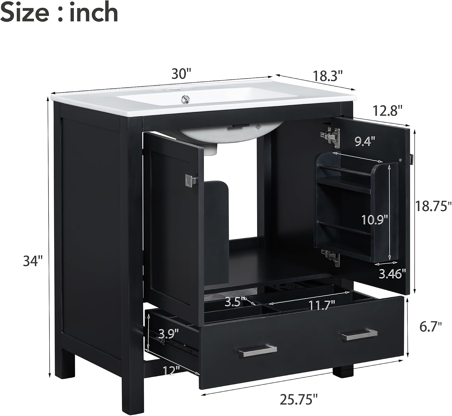Bellemave 30' Bathroom Vanity with Sink Combo Set, Solid Wood Frame Bathroom Storage Cabinet with a Drawer, 2 Soft Closing Cabinet Doors with Organizer, Black