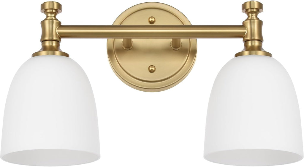 Gold Bathroom Vanity Light Fixtures, 2-Light Over Mirror, Traditional Vanity Lights for Living Room, Milk White Glass Shades, Standard E26 Base, Aged Brass, 16.3' W x 9.4' H x 6.25' D