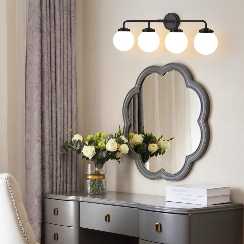 Bathroom Light Fixtures Over Mirror, 4-Light Matte Black Vanity Lighting with Milk White Glass Globe Shades Modern Wall Sconce