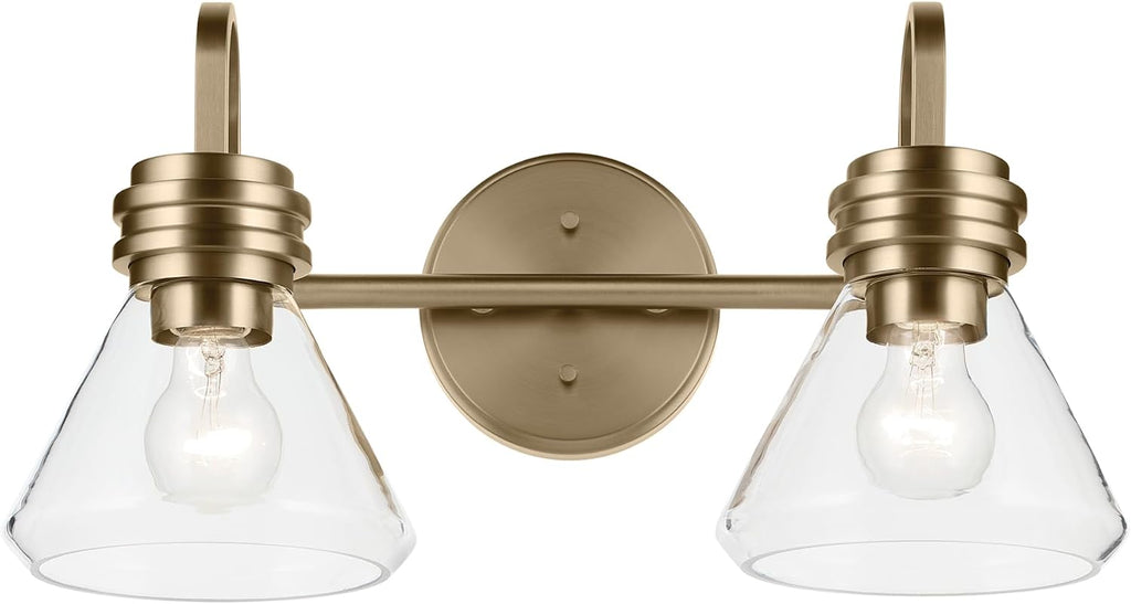 Kichler Farum 19.25' 2-Light Bathroom Vanity Light Fixture with Clear Glass in Champagne Bronze for Vanity Mirror, Jack & Jill Layout, Over Mirror (19.25' W x 9.5' H), 55154CPZCLR