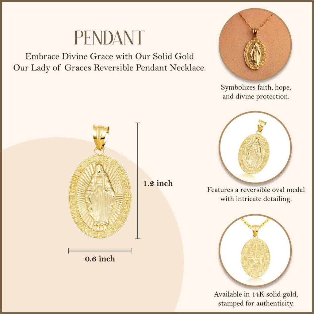 Gold Reversible Virgin Mary Miraculous Medal Pendant Necklace | 10K or 14K Yellow, Rose, or White Gold | Choice of Chain Length/Pendant Only