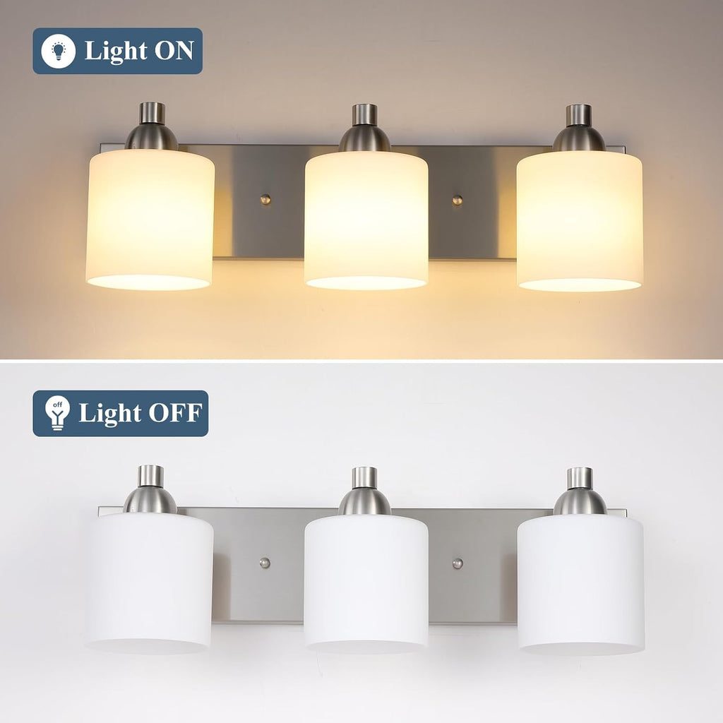 Mecgirn Stainless Steel Milk Glass Bathroom Vanity Light Over Mirror, 3 Light Brushed Nickel Bathroom Light Fixtures with Frosted Glass, Modern Vanity Lighting Wall Mount