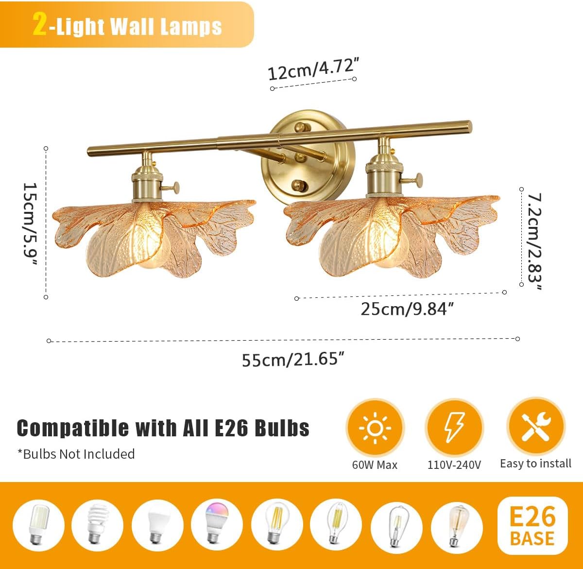 Bathroom Light fixtures Vintage wall Sconce 2 Light Bathroom Vanity Light Gold Wall Sconce Lights Amber Glass Art Deco Vanity Lights Over Mirror for Bedroom Hallway Living Room
