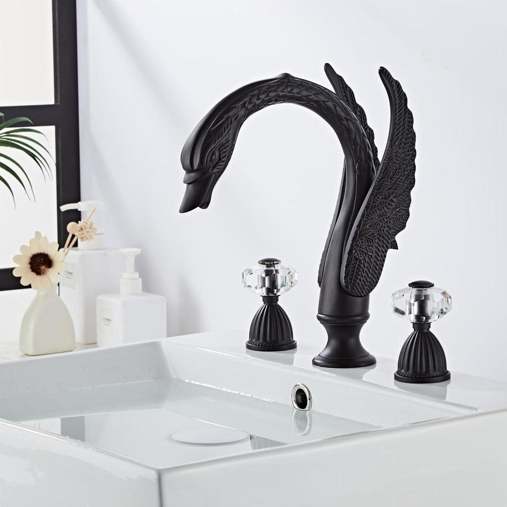 Golden Black Ornate Swan Style Bathroom Sink Faucet Combo Deck Mount Sink Mixer Tap Set Hot Cold Water