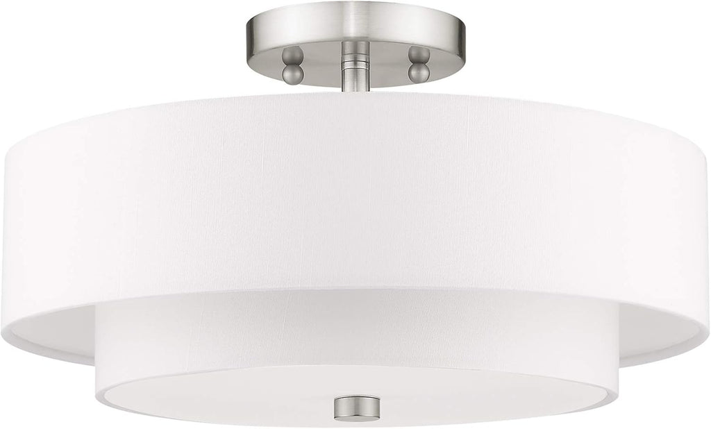 Livex Lighting 51044-91 Brushed Nickel Flush Mount with Off-White Fabric Hardback Shade