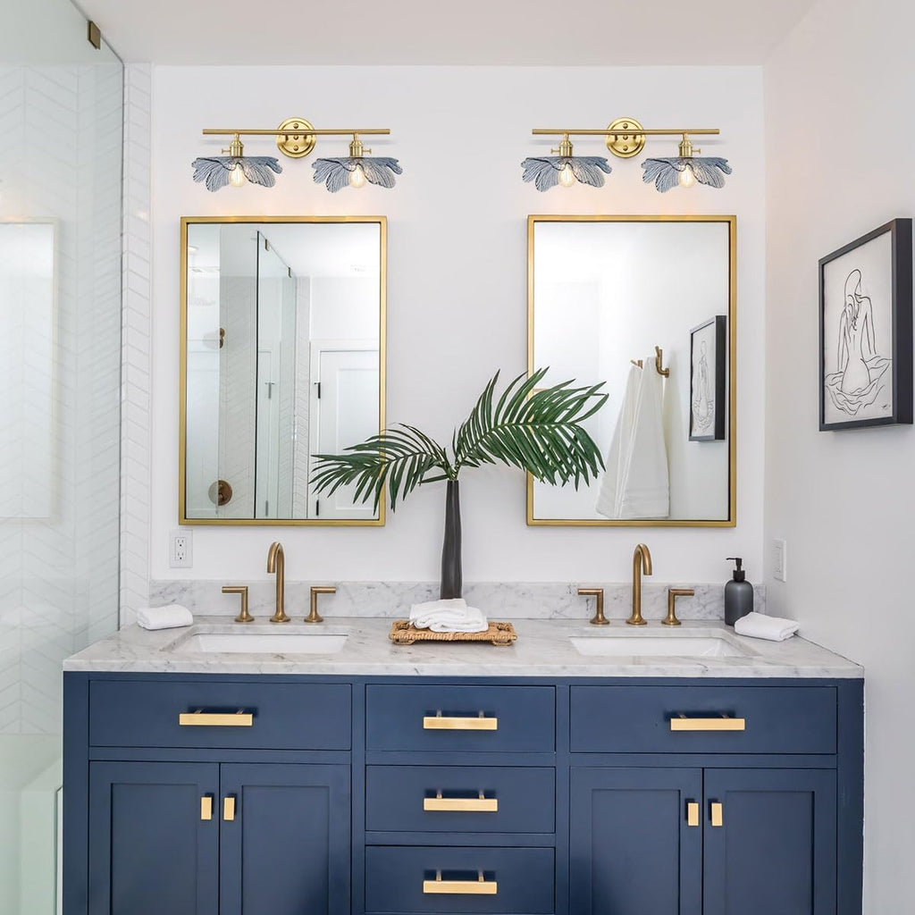 2 Light Bathroom Vanity Light Gold Brass Wall Sconce with Blue Flower Glass Shade Mid Century Wall Light Vintage Wall Sconce Art Deco Bathroom Lights Over Mirror for Bedroom Hallway Living Room