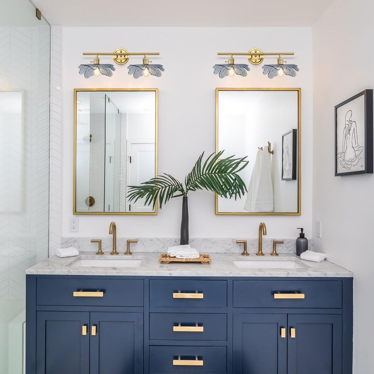2 Light Bathroom Vanity Light Gold Brass Wall Sconce with Blue Flower Glass Shade Mid Century Wall Light Vintage Wall Sconce Art Deco Bathroom Lights Over Mirror for Bedroom Hallway Living Room