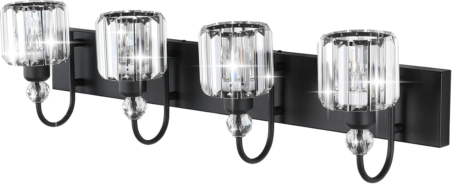 Ralbay Modern Black Vanity Light - 4-Light Crystal Bathroom Wall Light Fixtures in Matte Black