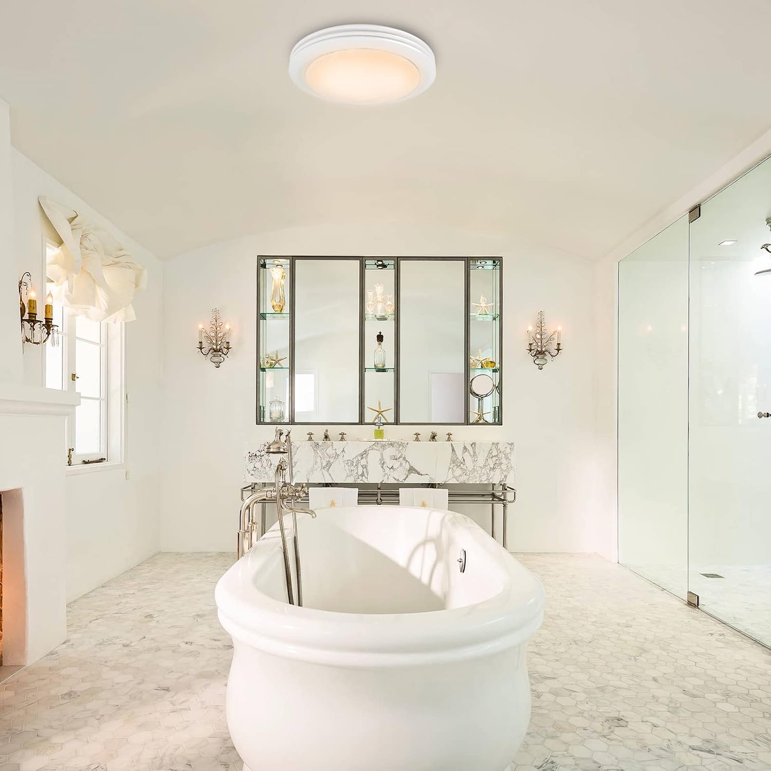 Akicon Ultra Quiet Bathroom Exhaust Fan with LED Light 80CFM 2.0 Sones Round Bathroom Ventilation Fan with Frosted Glass Cover Satin White Finish (Satin White)
